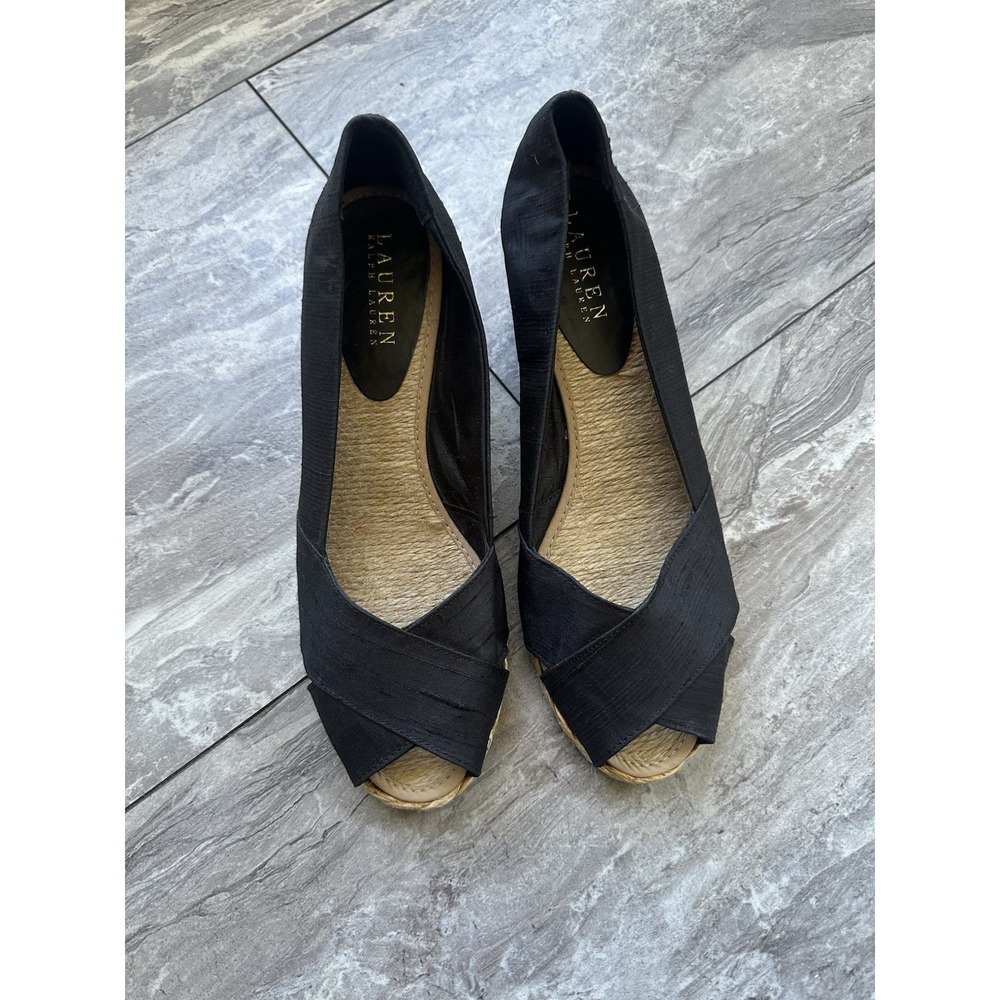 Ralph Lauren Cecilia Shantug Espadrille Wedges Women's 8.5 Silk Peep Toe Black